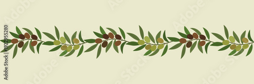 Olive tree branches ornament with black and green berries. Seamless decorative border. Hand drawn vector illustration isolated on light background, flat cartoon style.