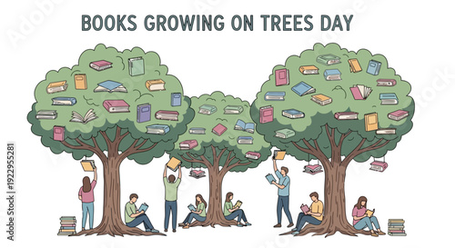 Books Growing on Trees Day - People Reading Under Knowledge Trees