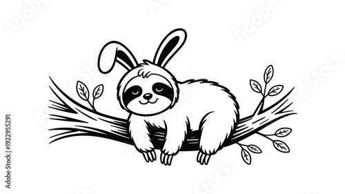 Funny sloth wearing bunny ears headband resting on tree branch black and white vector art
