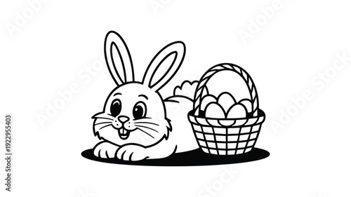 Smiling easter bunny rabbit lying next to wicker basket filled with eggs vector graphics