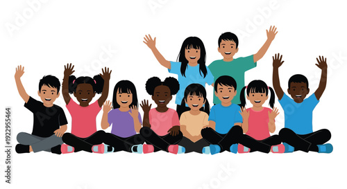 Diverse group of children happily raising their hands together