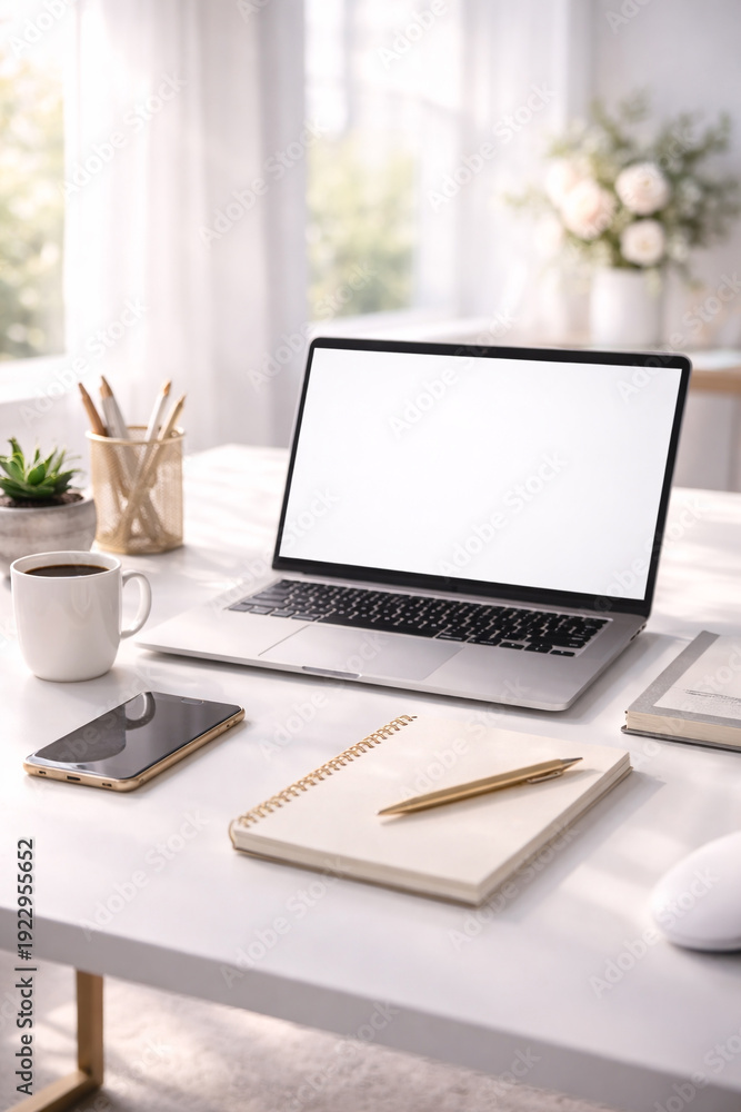 Fototapeta premium Minimal Laptop Workspace Modern Home Office Background
