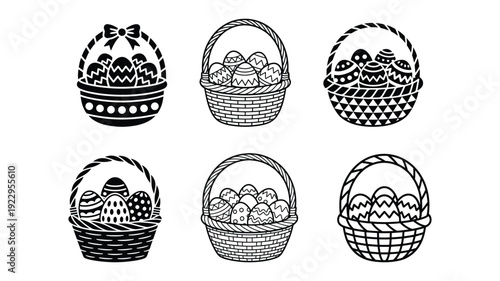 Collection of easter baskets filled with decorated eggs, perfect for holiday greetings