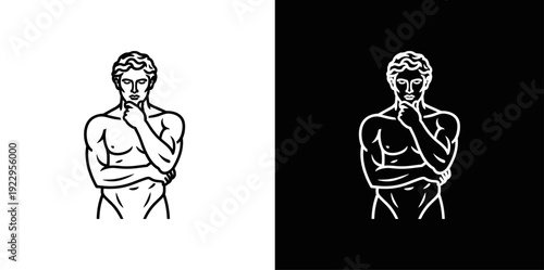 Greek Statue Thinking Man Line Art Illustration, Stoic Philosophy Minimalist Graphic Vector