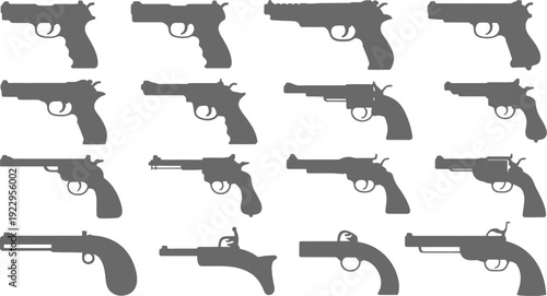 Set of grey handgun silhouettes including modern pistols and vintage revolvers isolated on white background various firearm weapon supply vectors.