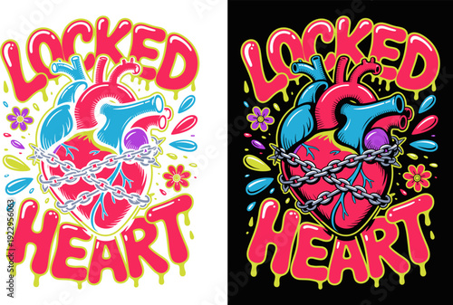 Locked Heart Anatomical Graphic with Chains and Graffiti Drips, Pop Art Flat Illustration