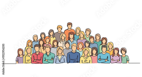 A large group of sketched people standing closely together in a crowd