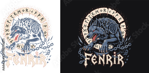 Mythical Fenrir Wolf Norse Runic Illustration, Viking Giant Wolf Mascot Flat Vector Design