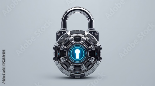 A futuristic, high-tech Quantum Padlock isolated on a clean light-gray background. The lock is made of polished chrome with intricate layered black armor plating. The central keyhole glows