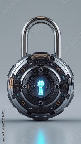 Vertical banner, wallpaper for social media of futuristic, high-tech Quantum Padlock isolated on a clean light-gray background. The lock is made of polished chrome with intricate layered black