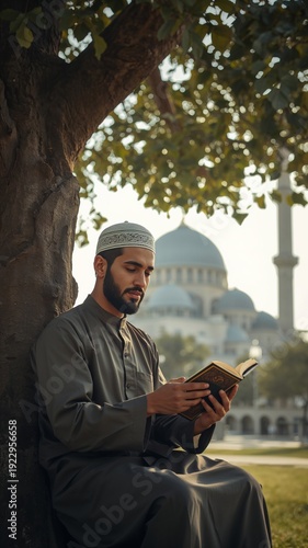 Vertical banner, wallpaper for social media of photorealistic image of a Muslim man wearing traditional Islamic clothing, sitting peacefully under a large tree while holding and reading the Quran