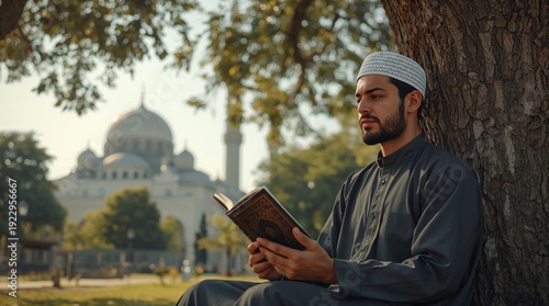 A photorealistic image of a Muslim man wearing traditional Islamic clothing, sitting peacefully under a large tree while holding and reading the Quran. His expression is calm and contemplative