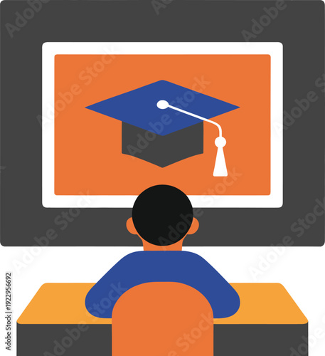 Minimalist vector illustration depicts a student viewing an online graduation cap display during a virtual remote learning or e-learning session.