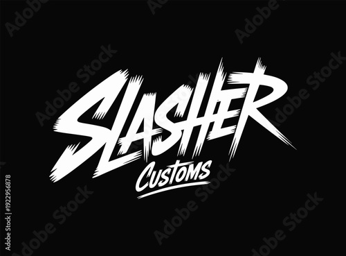 Slasher Customs Aggressive Brush Lettering, Sharp Horror Style Flat Vector Typography Design