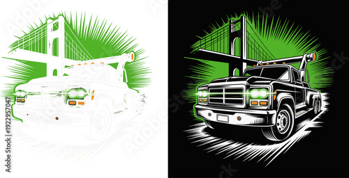 Tow Truck Service Illustration, Recovery Vehicle with Bridge Background, Flat Vector Art