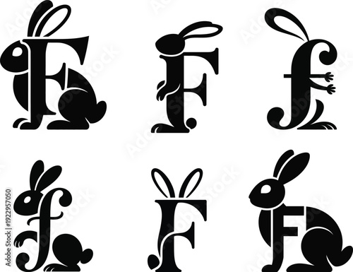 A delightful set of six distinct vector graphic illustrations showcasing the uppercase letter F creatively merged with various playful bunny rabbit silhouettes, ideal for spring holiday designs