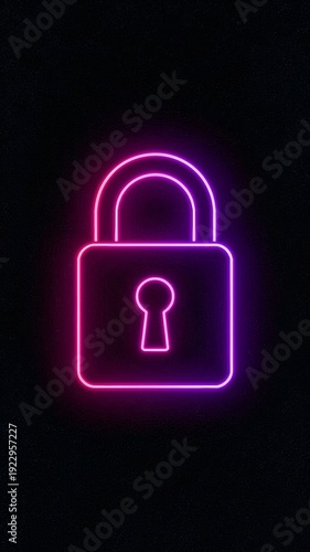Vertical banner, wallpaper for social media of surreal and vibrant cinematic photo of a closed lock icon, a simple padlock shape, featuring soft neon pink on the left that fades smoothly neon purple