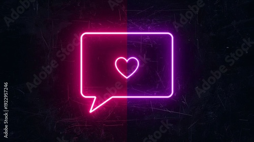 a surreal and vibrant cinematic photo of a speech bubble with a small heart inside, featuring soft neon pink on the left that fades smoothly into neon purple on the right, rendered in consistent