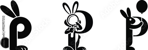 Collection of three distinct stylized black and white vector illustrations cleverly integrating a charming rabbit mascot with the lowercase letterform p for branding potential