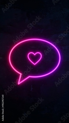 Vertical banner, wallpaper for social media of surreal and vibrant cinematic photo of a speech bubble with a small heart inside, featuring soft neon pink on the left that fades smoothly