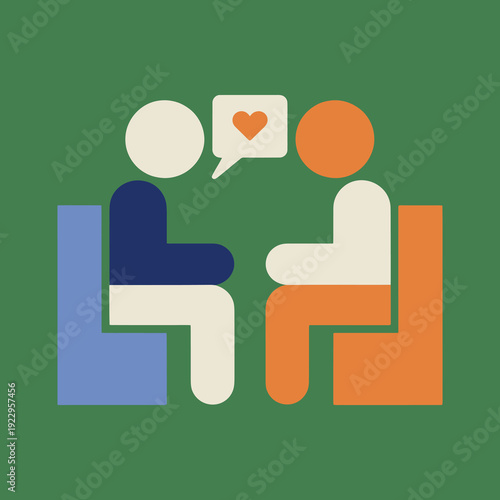 Minimalist vector illustration depicting two seated figures engaged in a supportive, caring conversation indicated by a heart in the speech bubble design element.