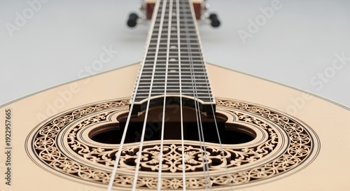 Close-up of acoustic guitar detail, instrument strings