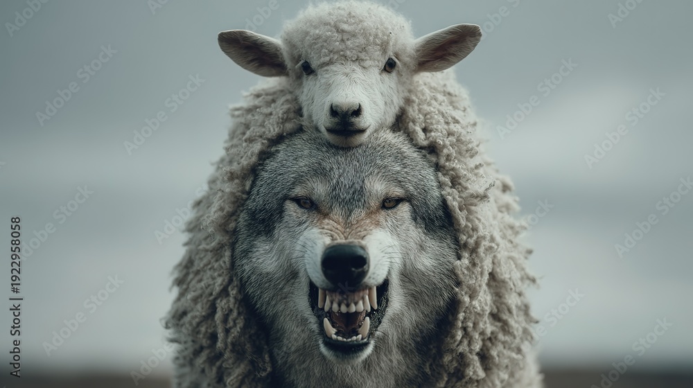 Obraz premium Metaphorical illustration of a snarling wolf wearing a sheeps wool pelt