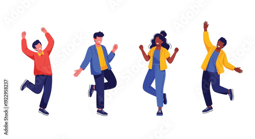 Four diverse people jumping with arms raised in joyful celebration