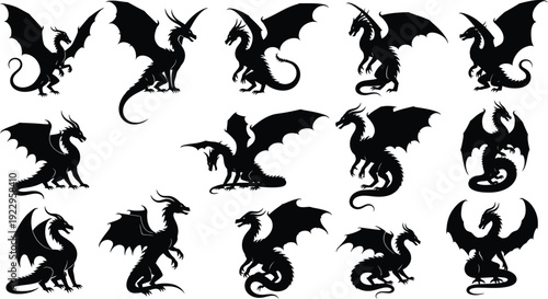 Dragon Silhouette Set Mythical Creature Fantasy Vector Collection