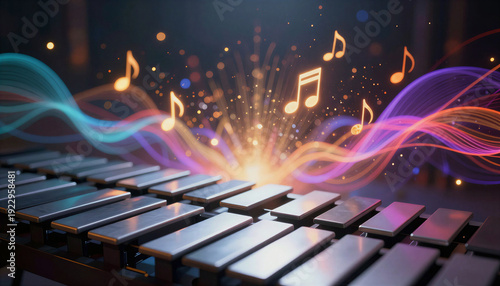 Vibrant xylophone with colorful sound waves and music notes  