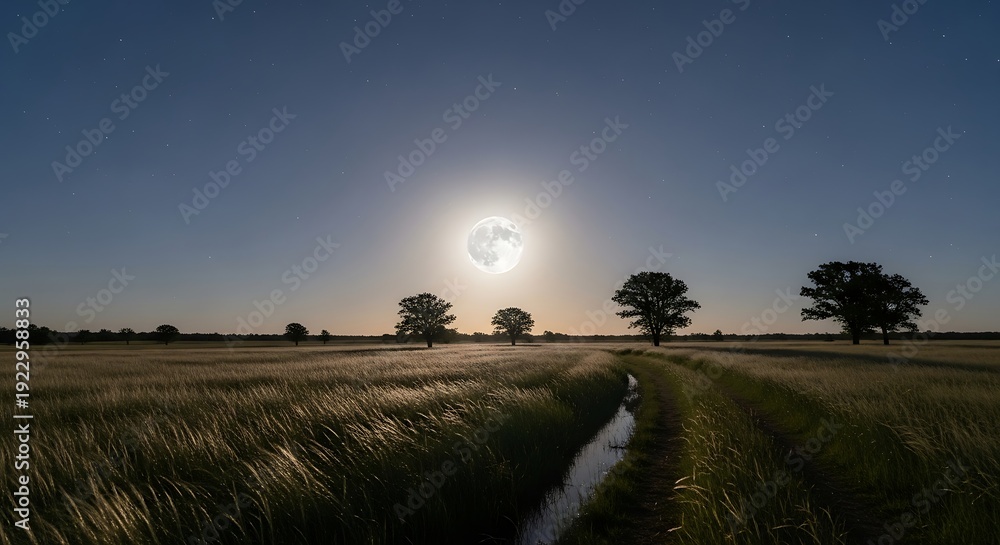 Fototapeta premium Tranquil field landscape with trees and sunlight natural environment backdrop