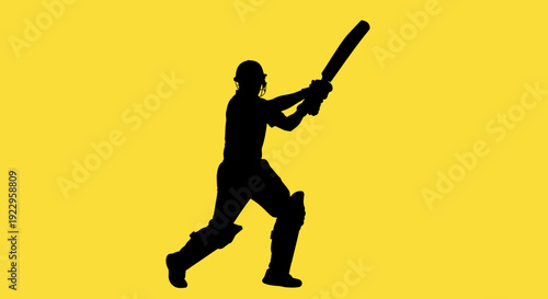 Cricket player in action with bat on bright yellow background