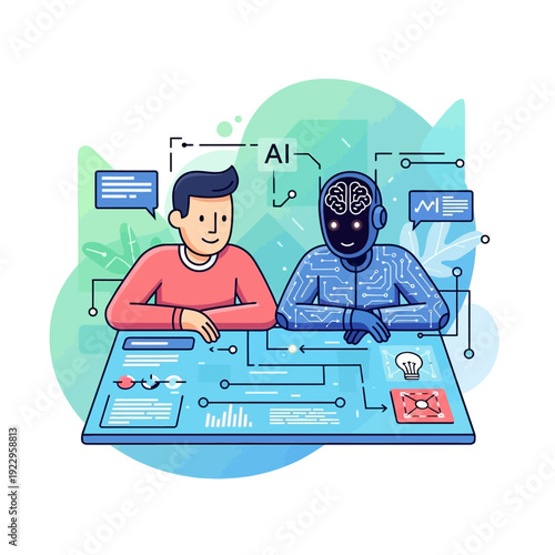 A cartoon vector illustration of a business man with a laptop and a woman near a travel vehicle and car home service