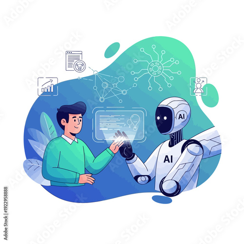 A cartoon medical worker character in a hospital lab uses a computer and stethoscope while holding a syringe and pills to represent healthcare technology and science