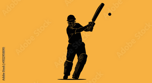 Cricket player in action swinging bat at ball on vibrant orange background