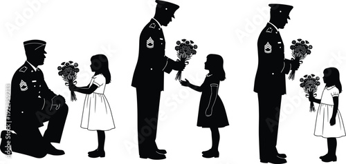 Military officer giving flowers to girl silhouettes illustration vector respect ceremony family bond graphics, commemorative design concept, black and white creative art collection