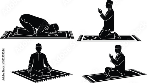 Islamic prayer postures silhouettes illustration vector Muslim devotion worship mats graphics, religious design concept, black and white creative art collection