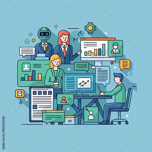 Flat vector illustration of a business social media network concept featuring a set of web icons for mobile internet communication and global technology marketing development