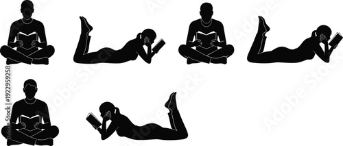 Reading people silhouettes illustration vector leisure literature lifestyle relaxation graphics, education design concept, black and white creative art collection