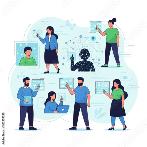 A vector illustration set of a business people team featuring cartoon stick figure icons and a group of silhouette symbols representing men and women at work
