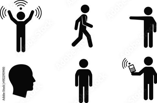 Human action icons silhouettes illustration vector communication technology lifestyle graphics, user interface design concept, black and white creative art collection