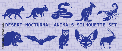 Desert Nocturnal Animal Silhouette Bundle Featuring Fennec Fox Jerboa Sand Cat Owl Bat and Sidewinder Snake for Wildlife Night Scene Vector Illustration Design

