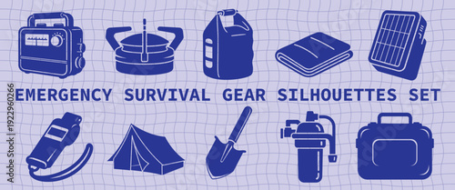 Emergency Survival Gear Silhouettes Bundle – Outdoor Disaster Preparedness Vector Set with Water Filter, First Aid Kit, Solar Charger, Shelter and Rescue Tools
