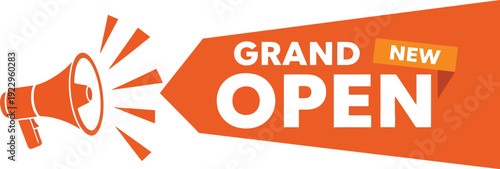 Grand opening announcement with megaphone and arrow