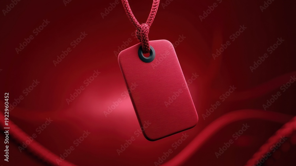 Fototapeta premium Red rectangular tag hangs from red cord against red backdrop