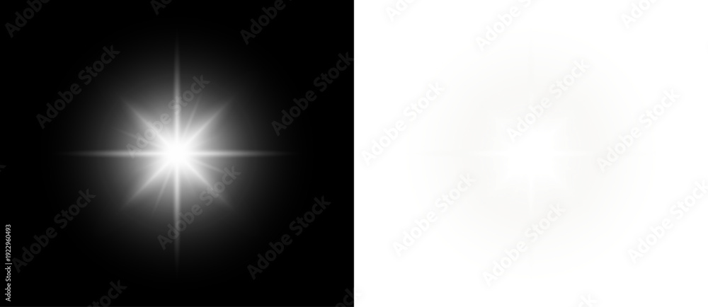 Fototapeta premium Glow white sparkle star light on silver festive background with bright shine beam flare burst magic glitter rays isolated on black transparent backdrop.