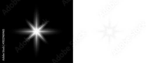 White star glow sparkle light on silver festive abstract background with bright shine beam flare burst glitter magic rays isolated on black transparent backdrop.