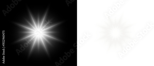 Light white star sparkle glow over silver festive background with bright shining beam flare burst glitter rays isolated on black transparent backdrop.