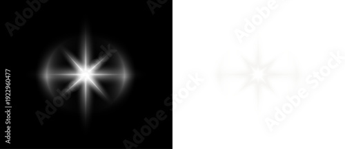 White glow star sparkle light on silver shining festive background with bright beam flare burst glitter rays isolated on black transparent backdrop.