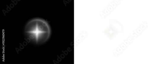 Star sparkle white glow light on silver festive elegant background with bright shining beam flare burst glitter rays isolated on transparent dark scene.